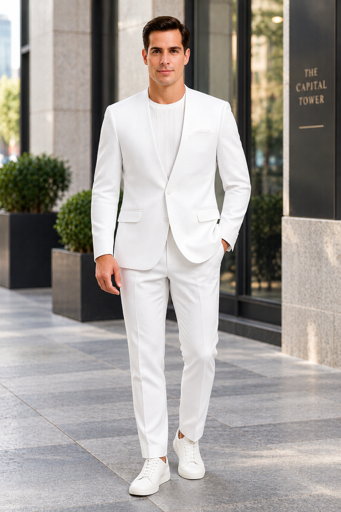 White Linen Summer Suit - Collarless Blazer & Pants
