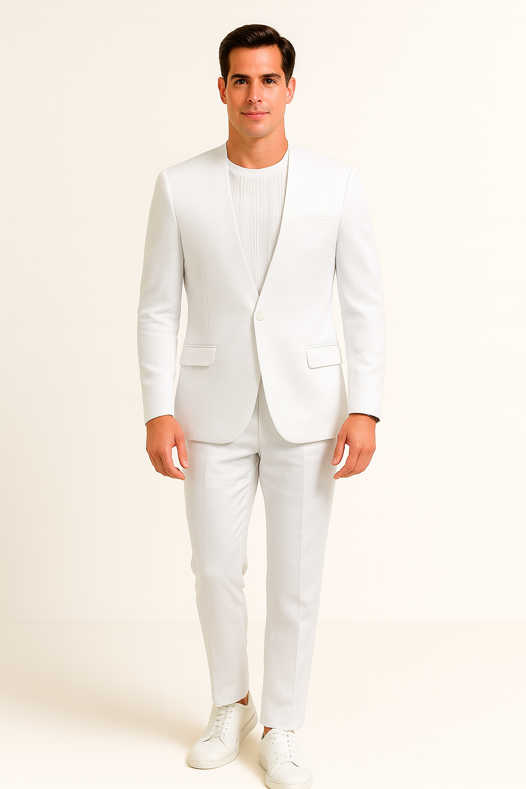 White Linen Summer Suit - Collarless Blazer & Pants