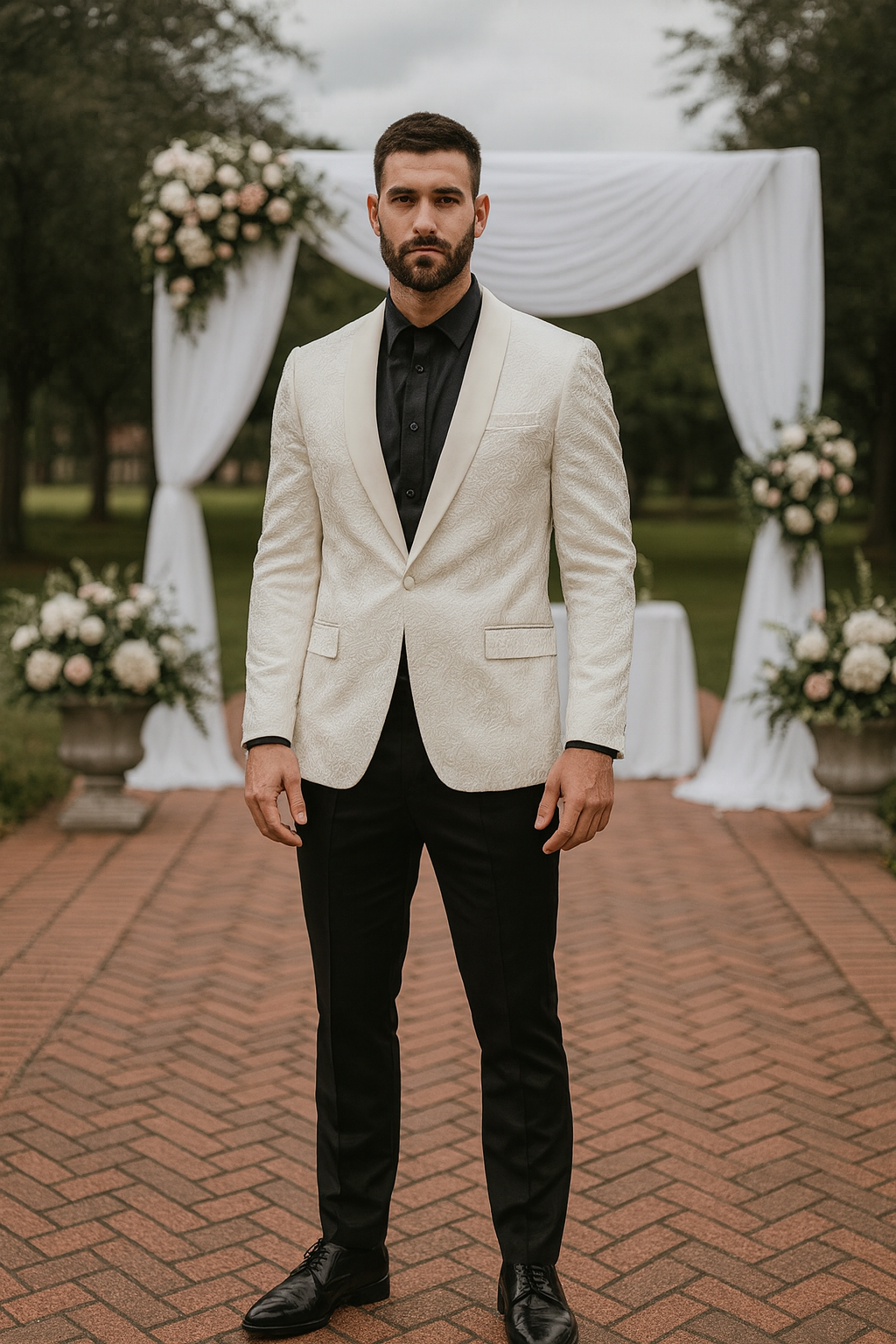 White Paisley Tuxedo Jacket with Shawl Lapel – Wedding & Prom