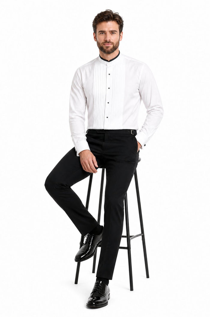 Black Banded Pleat Front Mandarin Shirt - White