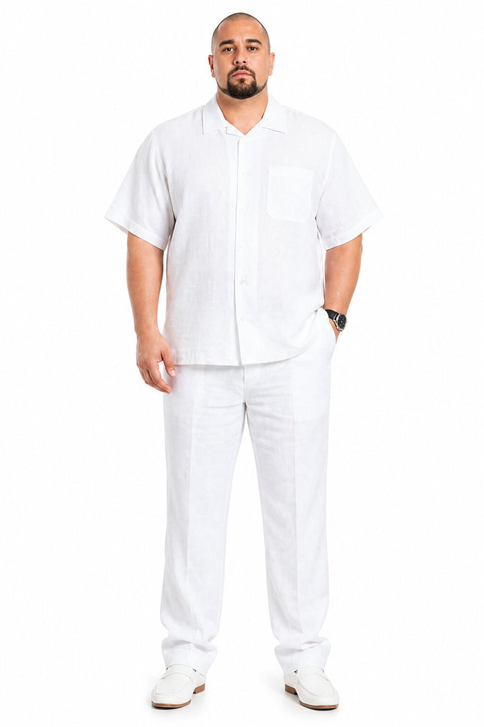 Men's Two Piece Shirt And White Casual Set Walking Leisure Suit - Mens Linen Suit