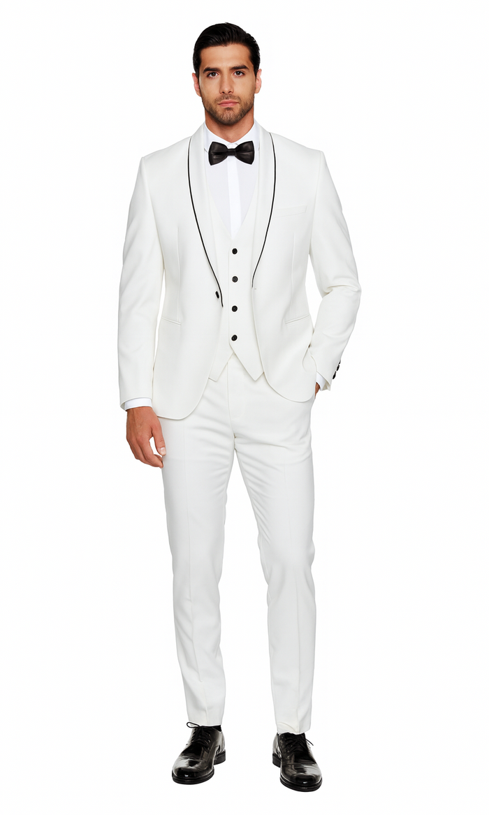 White Slim Fit Satin Tuxedo – Four Piece Set