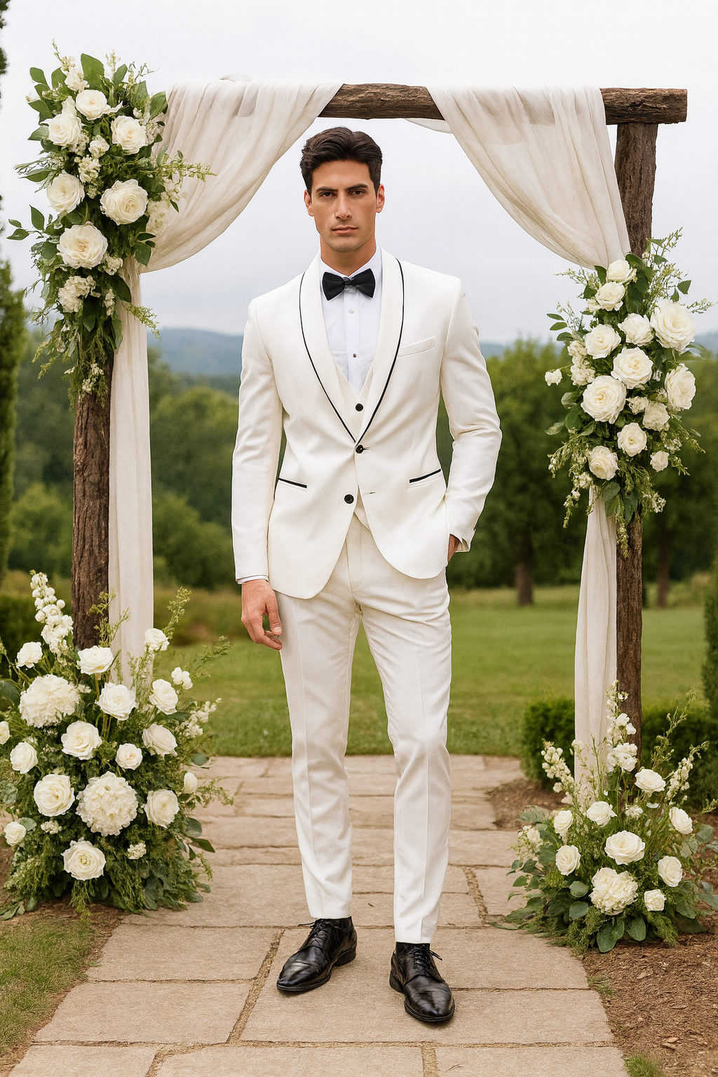 White Slim Fit Satin Tuxedo – Four Piece Set