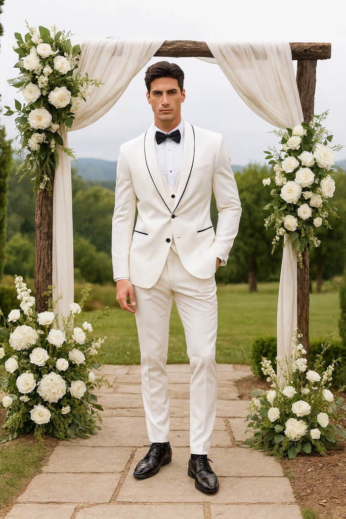 White Slim Fit Satin Tuxedo – Four Piece Set