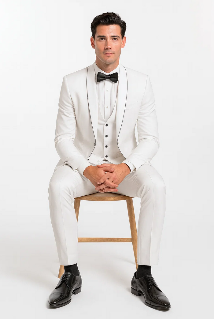 White Slim Fit Satin Tuxedo – Four Piece Set