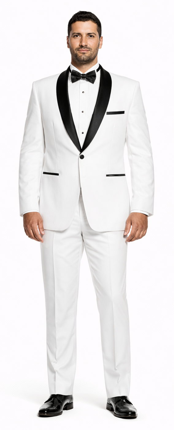 White Slim Fit Tuxedo with Black Shawl Lapel – Wedding & Prom