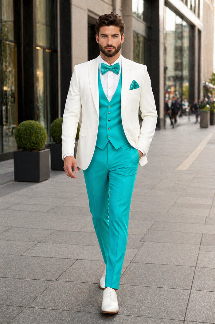 White & Turquoise Tuxedo Wedding Set