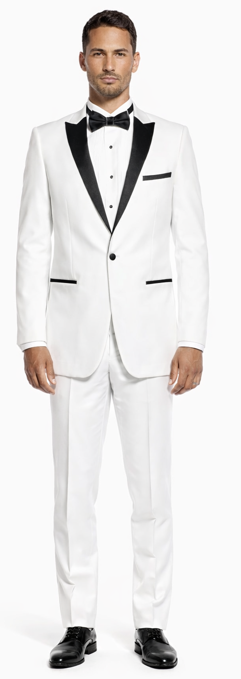 White Tuxedo with Black Peak Lapel Slim Fit - Wedding - Prom