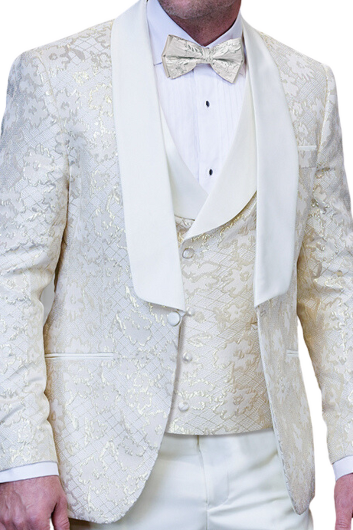 3-Piece Modern Fit Tuxedo with Satin Side Stripe Pants and Bow Tie - Off White