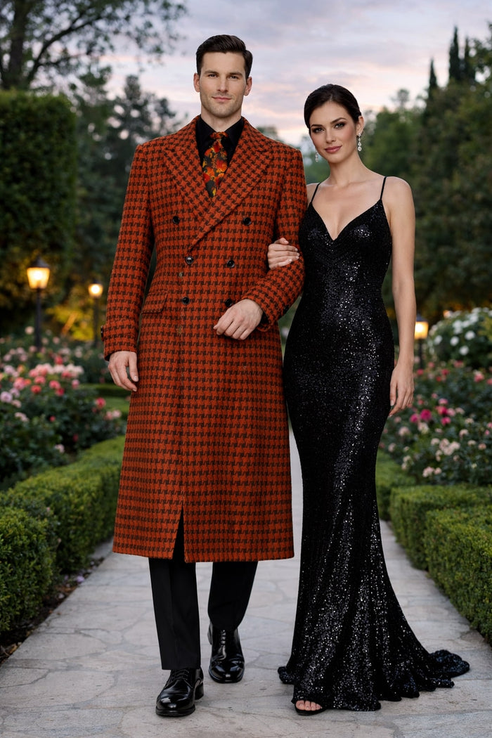 Men's Full Length Top Coat - Wide Fashion Lapel Rust Houndstooth