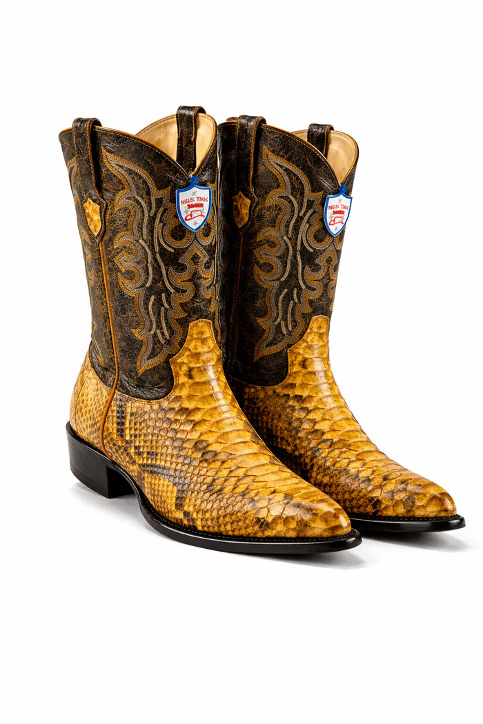 Python Skin Yellow Gold J Toe Boots for Men