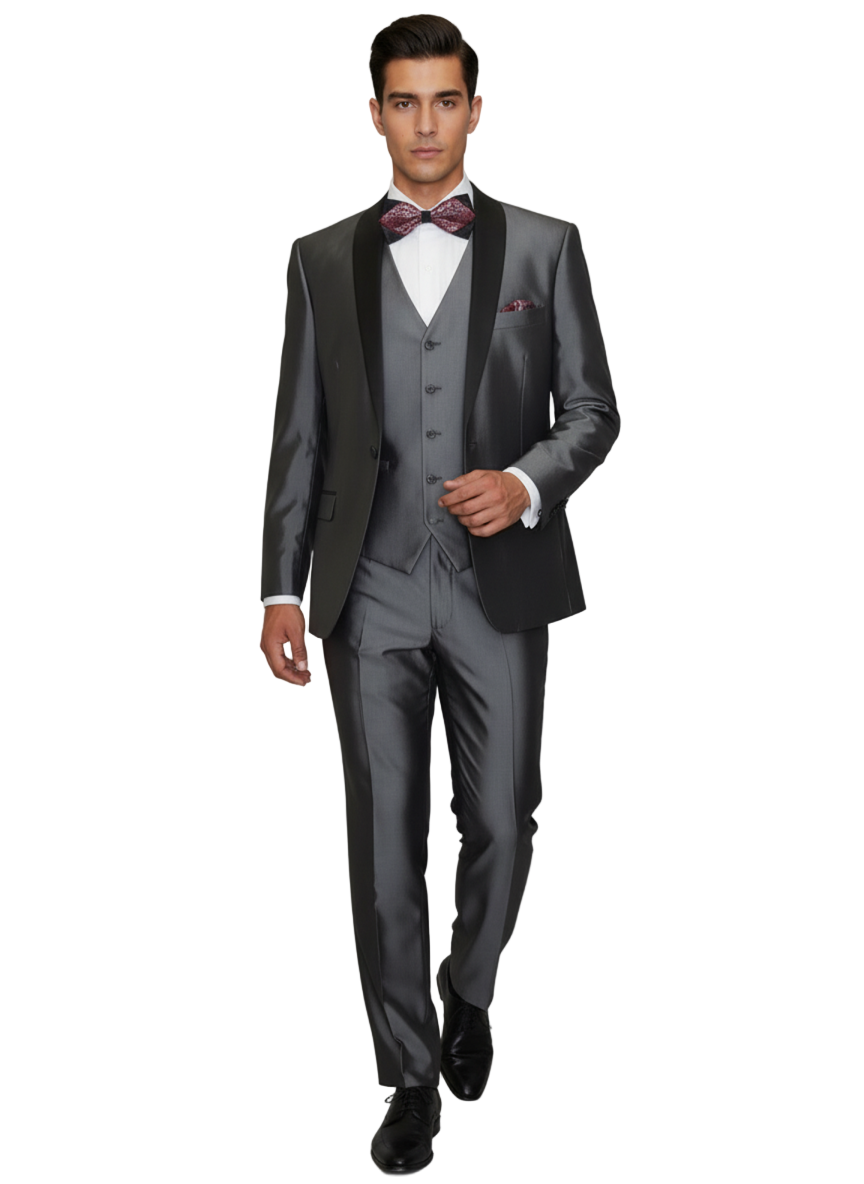 Men's Gray Black Shawl Tuxedo Slim Fitted 3 Piece Two Toned Shiny Sharkskin Suit