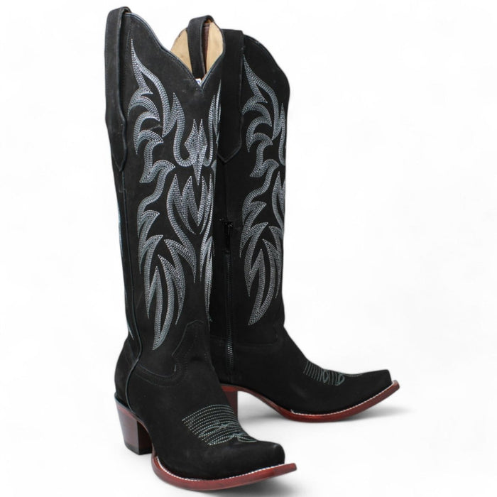 Women's Wild West Snip Toe Suede Leather Boots with Zipper - Black