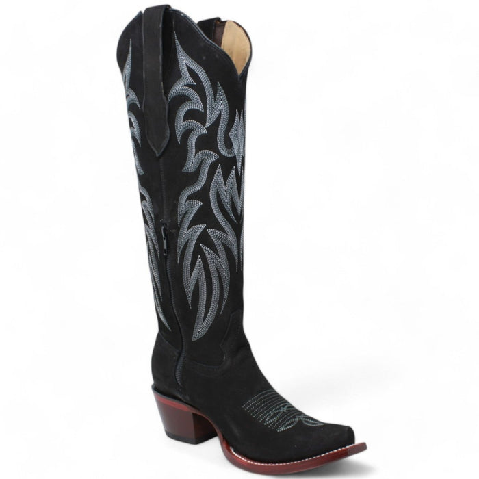 Women's Wild West Snip Toe Suede Leather Boots with Zipper - Black
