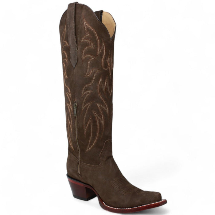 Women's Wild West Snip Toe Suede Leather Boots with Zipper - Chocolate