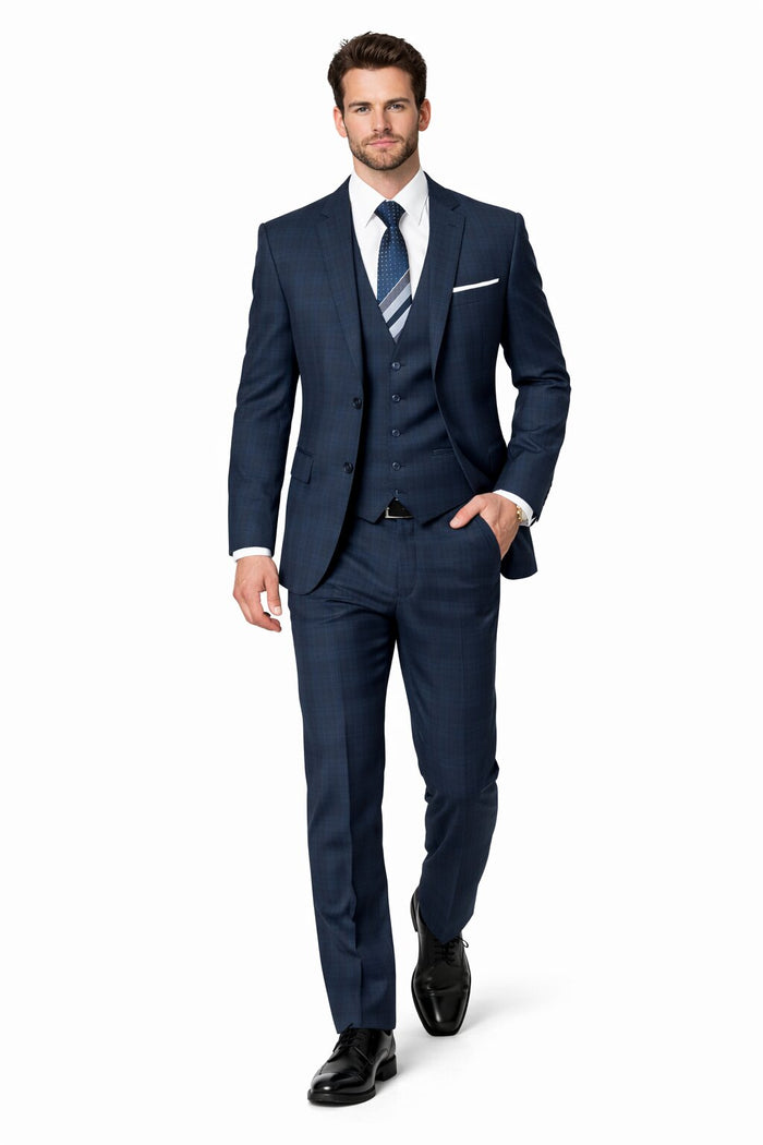Men’s Navy Plaid Vested Suit – Classic Pattern 3-Piece Formal Ensemble