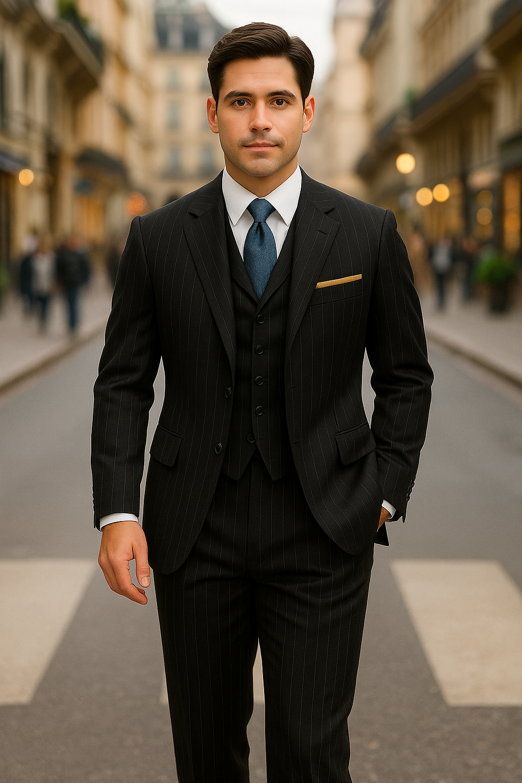 3 Button 3 Piece Suits Vested 100% Wool Suits Vested Black Stripe ~ Pinstripe Pleated Pants