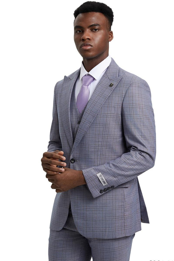 Stacy Adams Light Grey Windowpane Plaid 3-Piece Suit