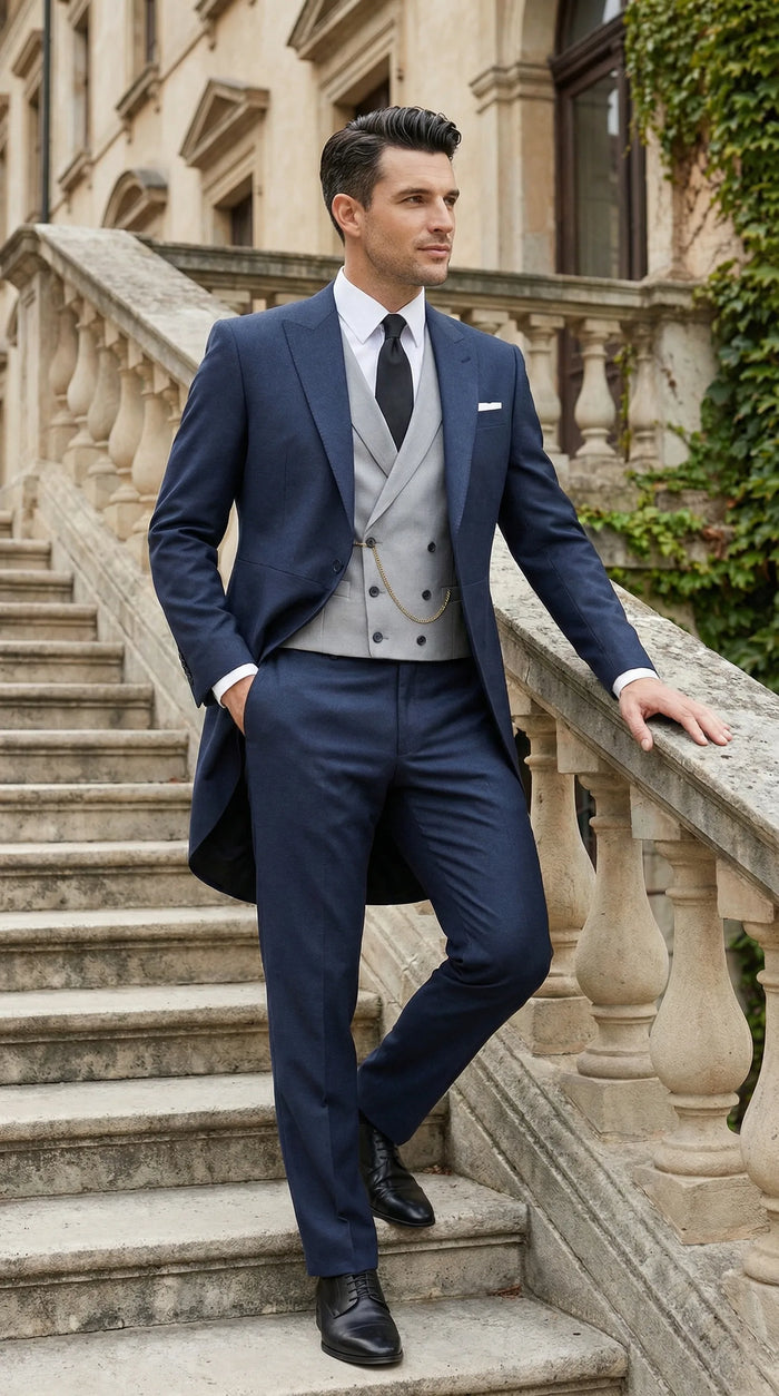 Men’s Navy Blue Three Piece Formal Suit – Cutaway Tuxedo Blazer Trousers for Wedding Tailcoat