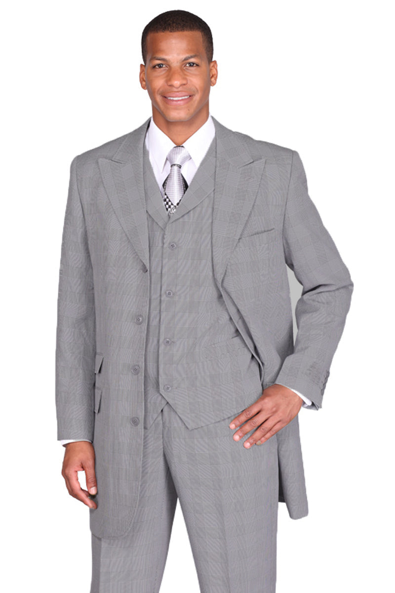 Mens 4 Button 3/4 Length Fashion Peak Lapel Vested Plaid Suit in Grey