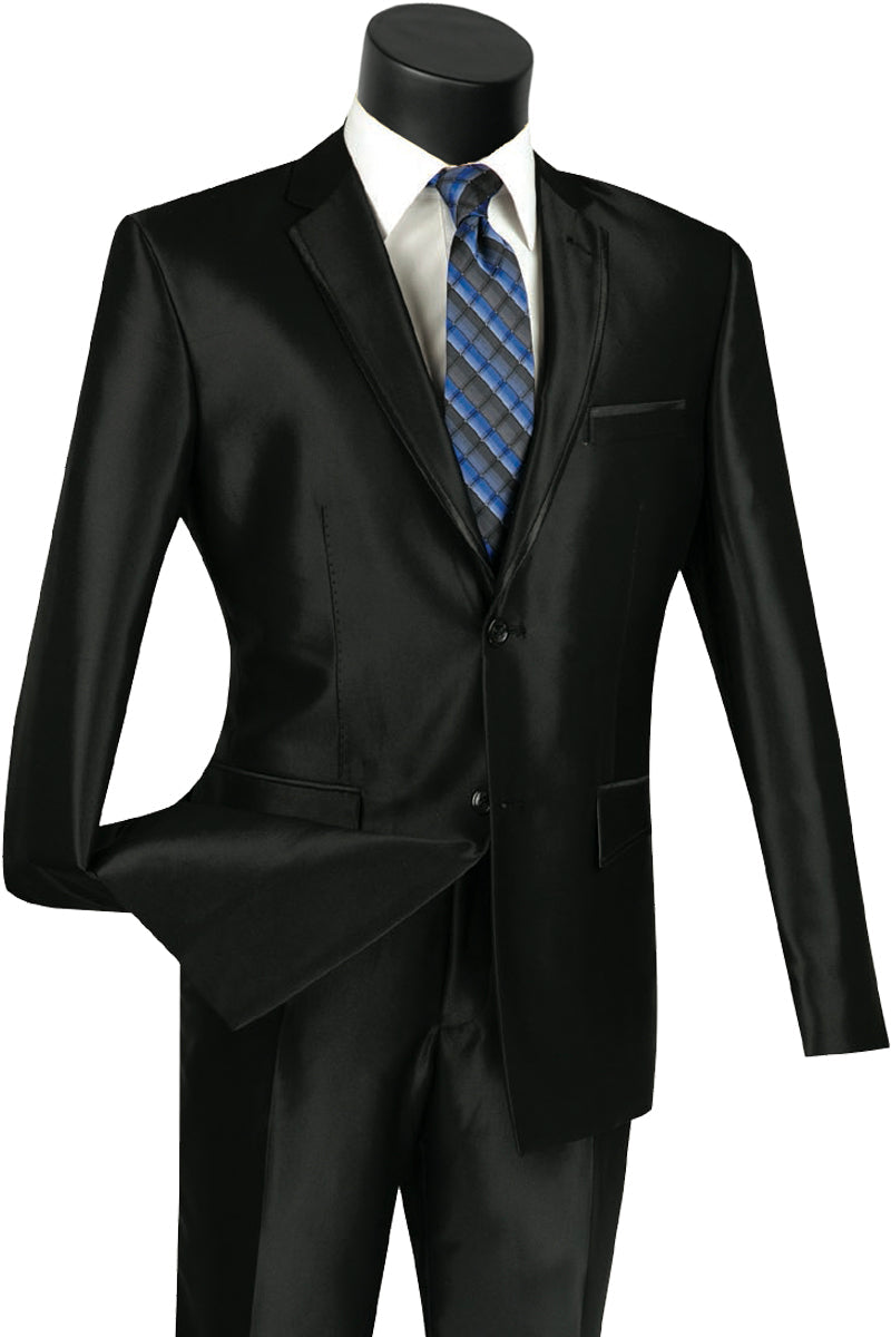 Slim Fit Sharkskin Suit with Satin Trim - Black