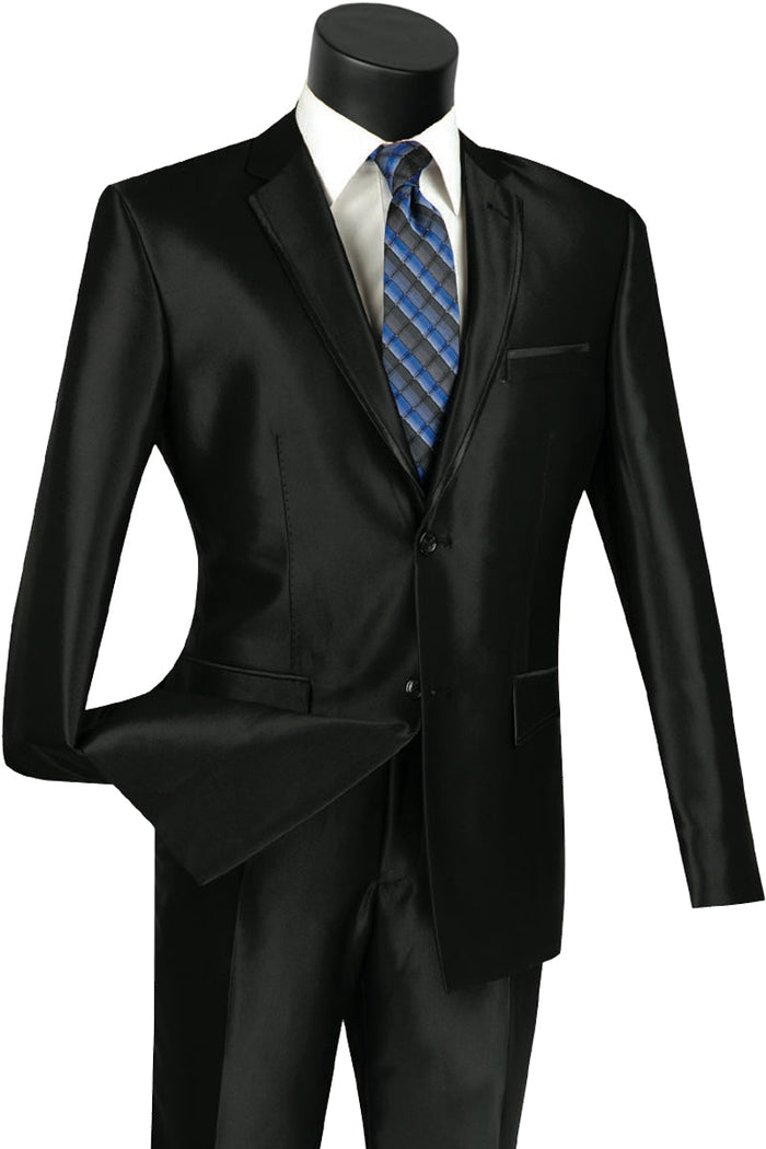 Slim Fit Sharkskin Suit with Satin Trim - Black