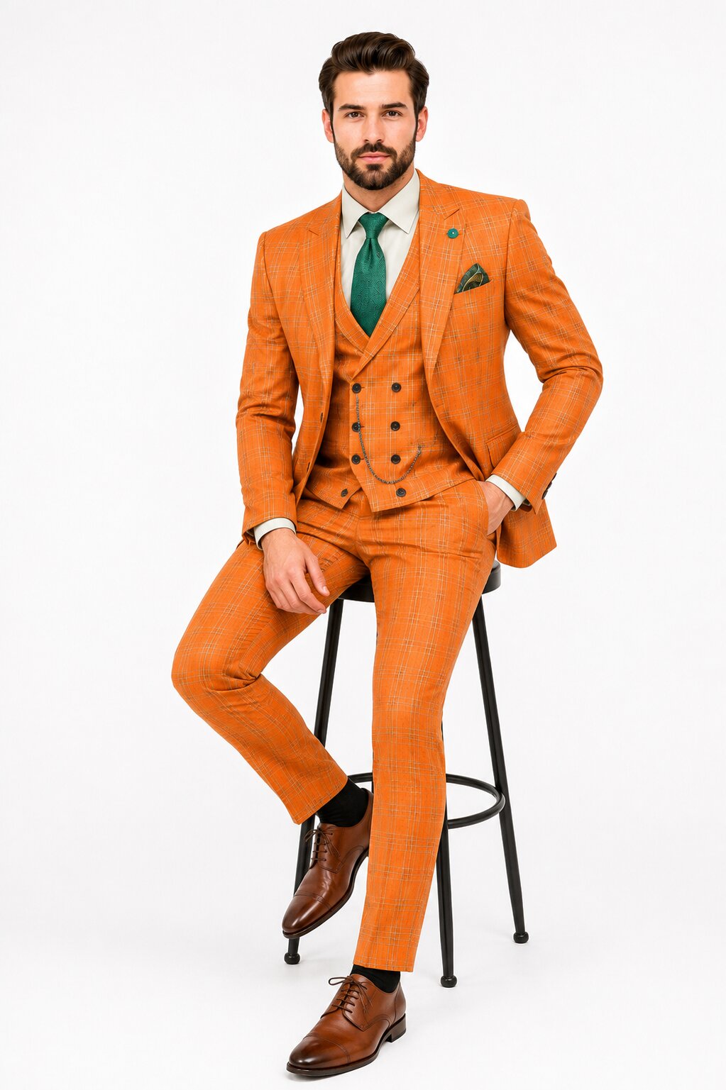 Premium Men’s Orange Plaid Suit with Vest – Wedding & Business