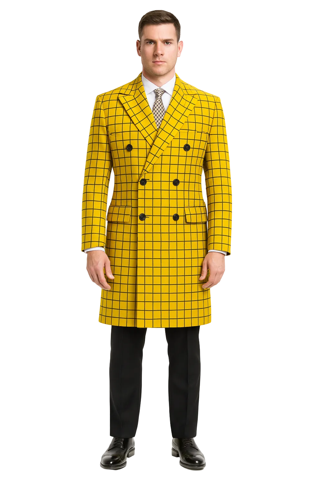 Men's Plaid Wool Peacoat in Yellow