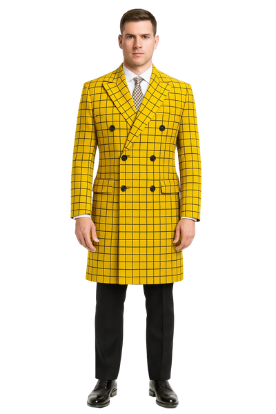 Men's Plaid Wool Peacoat in Yellow