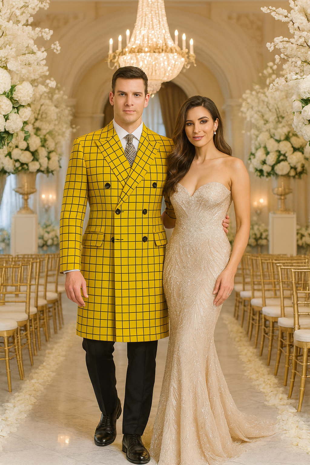 Men's Plaid Wool Peacoat in Yellow