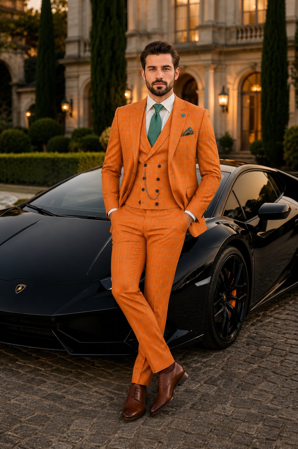 Premium Men’s Orange Plaid Suit with Vest – Wedding & Business