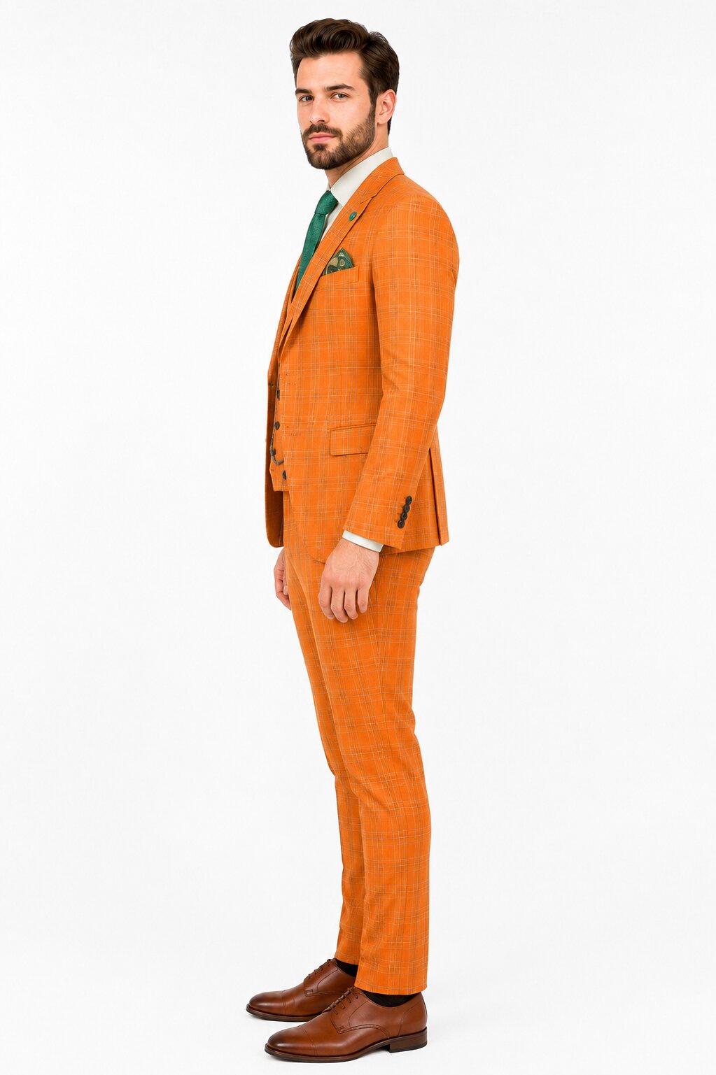 Premium Men’s Orange Plaid Suit with Vest – Wedding & Business