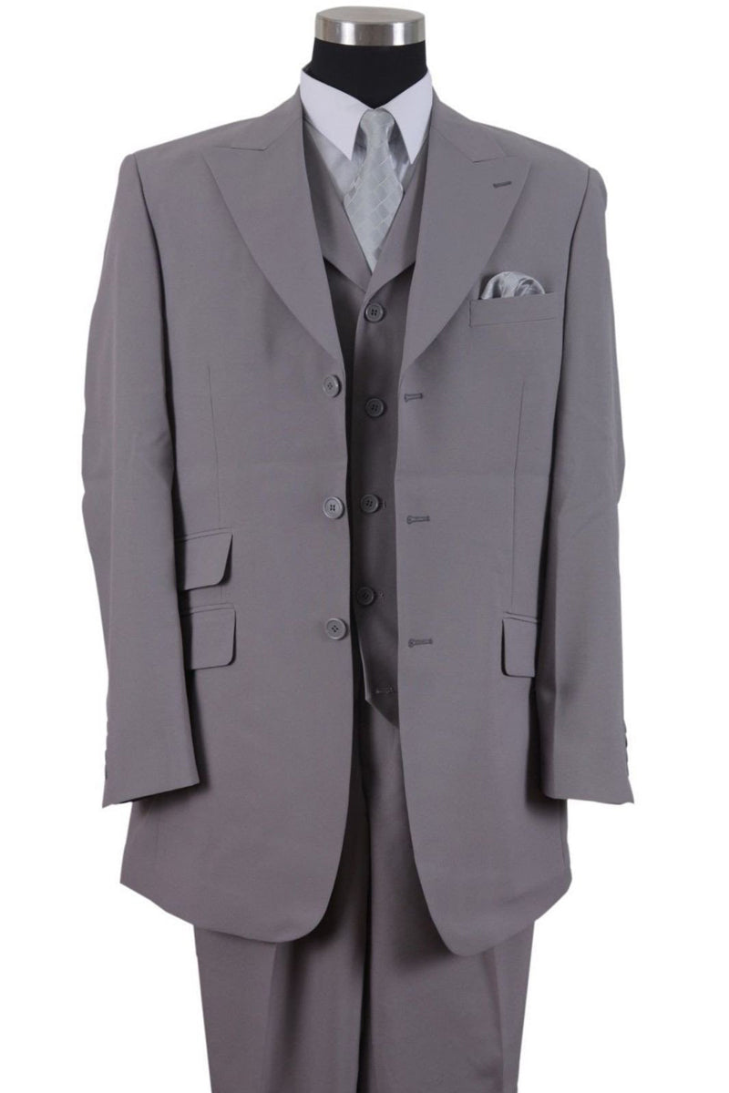 Men’s Grey 3 Button Vested Suit with Peak Lapel