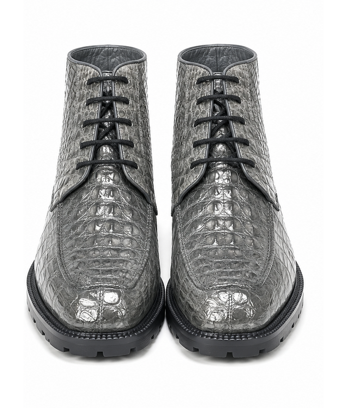 Caiman Hornback Crocodile Leather Ankle Boots Gris