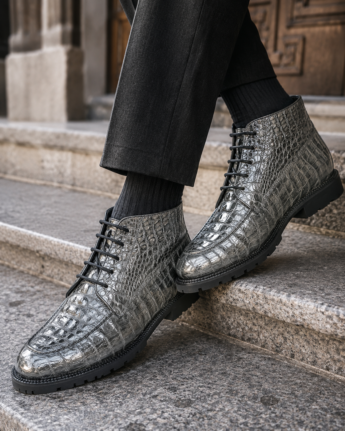 Caiman Hornback Crocodile Leather Ankle Boots Gris