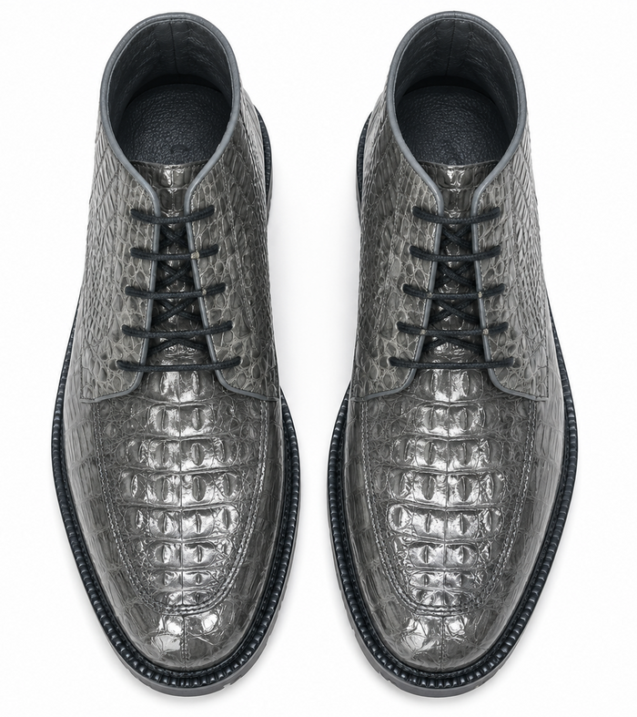 Caiman Hornback Crocodile Leather Ankle Boots Gris