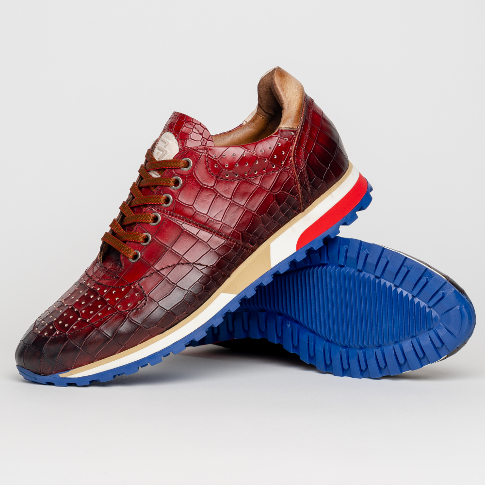 Zelli Rocco Hand-Burnished Embossed Crocodile Sneakers in Red