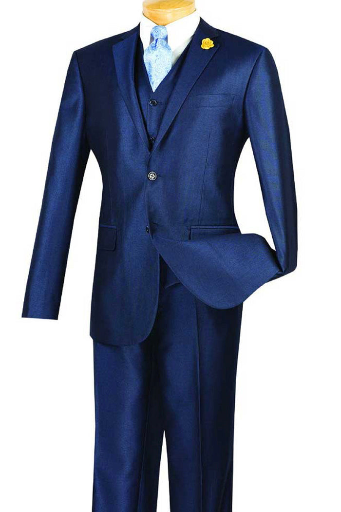 Slim Fit Blue Sharkskin Suit with Vest