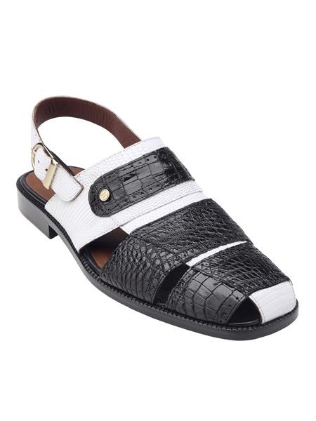 Belvedere Alligator And Lizard Skin 2 Toned Black/White Sandals With Side Buckle