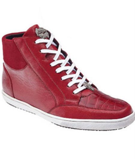 Belvedere Franco crocodile skin & Soft Calfskin High Top Sneakers red pastel color