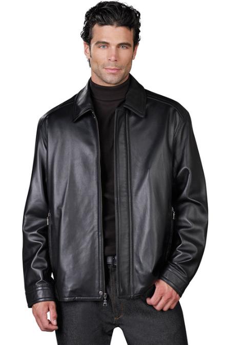 Mens Black Leather Jacket, Single Breasted 4 Button Suit