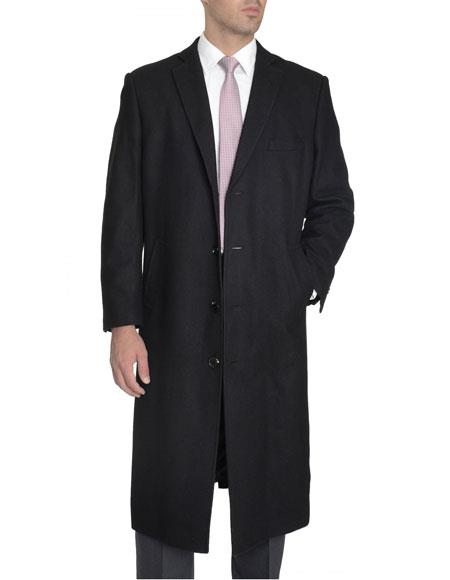 Single Breasted Black Full Length Wool Blend Overcoat