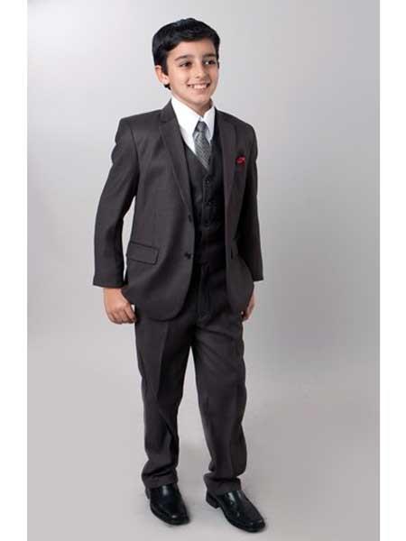  Boy's Dark Slate 5 Piece Notch Collared  Suit With Tone On Tone Pinstripe Toddler Suits for Weddings