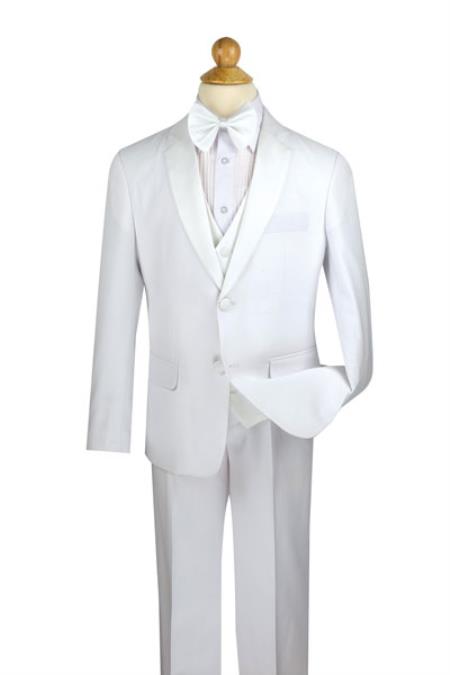  Boy's White 5 Piece Notch Collared Prom ~ Wedding Groomsmen Tuxedo Pleated
