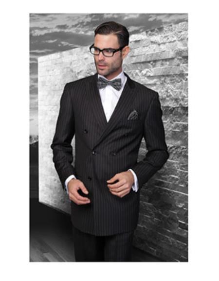Men's Statement Black Italian Pinstripe Double Breasted Wool Design Suit