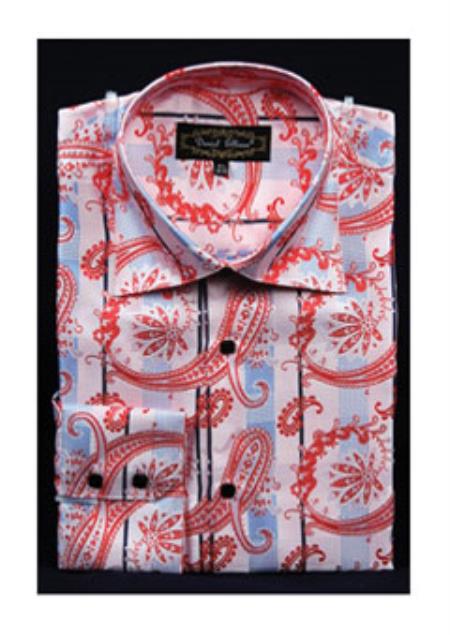  Fancy Pattern Paisley High Collar Pink Shiny Dress Cheap Fashion Clearance Shirt Sale Online For Men