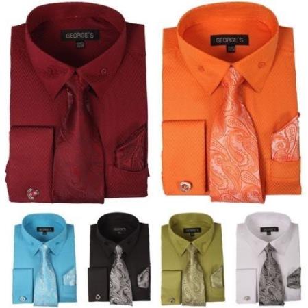  Fashion Dress Cheap Fashion Clearance Shirt Sale Online For Men With Tie&Hanky French Cuff Links Style Multi-Color 