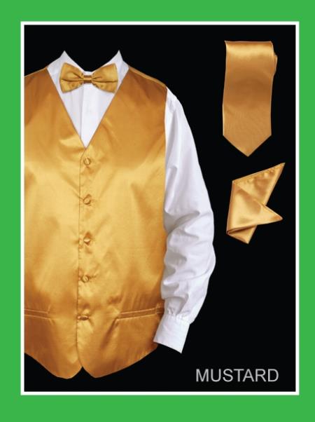 Men's Neck Ties - Mens Dress Tie - Trendy Mens Ties 4 Piece Groomsmen Wedding Vest ~ Waistcoat ~ Waist coat For Groom and Groomsmen Combo (Bow Groomsmen Ties, Hanky) - Satin Mustard 