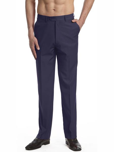 Dress Pants Trousers Flat Front Slacks Solid Navy Blue