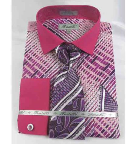  Fuschia Cotton Geometric Multi Pattern French Cuff With Collar Dress Cheap Fashion Clearance Shirt Sale Online For Men